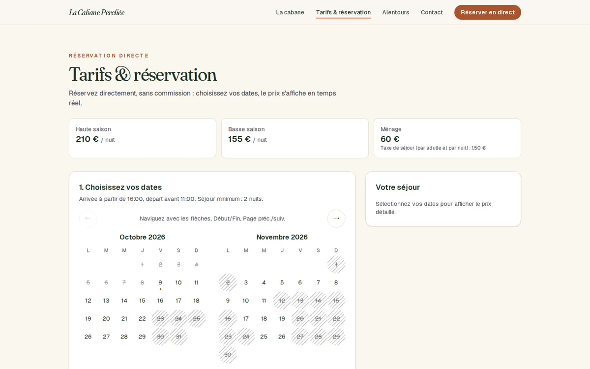Page tarifs et réservation du site de démonstration, avec le calendrier et le calcul du prix